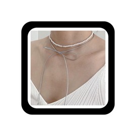 Wendalern Boho Pearl Beaded Bow Necklace Layered Leather Cord Chain Pearl Necklace White Wax Rope Chain Pearl Choker Necklace Long Ribbon Bowknot Necklace Wedding Jewelry for Women