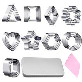 27Pcs Polymer Clay Cutters Set,Small Molds to Cut Out Polymer Clay, Stainless Steel Fondant DIY Baking Pastry Cutters Square Triangle Oval ect Geometric Shapes Cutter(Color:Silver and Pink)