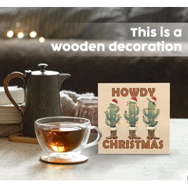 Nitelat Howdy Christmas Western Cactus Cowgirl Boots Wooden Box Sign, Country Christmas Decor, Christmas Wood Signs for Home Office Desk Shelf Table Decor, Western Christmas Decorations, 5x5 Inch