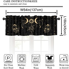 BATPLY - Cortinas con cenefa de luna, estilo clásico barroco, negro, dorado, estrella, seta con patrón opaca, decoración del hogar, cortinas cortas, para recámara, sala de estar, cocina, 54 x 18