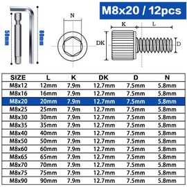 TXXATX Pack of 12 Screws M8 x 20 mm Cylinder Head Screws DIN 912 Stainless Steel A2 V2A Hexagon Head Screws with Hexagon Socket Full Thread Allen Screws for Mechanical Furniture Repair