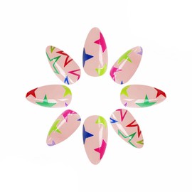 MISUD Press on Nails Medium Almond Fake Nails Glossy Glue on Nails Colorful Star Acrylic Nails Stiletto Artificial Nails Rainbow Stick on False Nails with Design 24 pcs