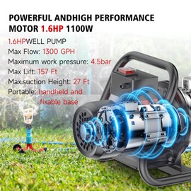 1.6HP Shallow Well Pump, 1300GPH Shallow, Portable water, for Garden Farm Irrigation Lawn, Sprinkler System, transfer pump Remove Standing Water, Landscape Fountain.