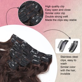 Brown Clip-In Hair Extensions, Real Hair, Wavy Clip-In Hair Extensions for Women, 120 g, 8 Pieces, Invisible and Head-Skin-Friendly Extensions, Made of Real Hair, #2, 20 Inches, 50 cm