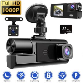1080P 3 Channel Dash Camera for Car Front and Inside Rear Car Security Video Recorder, 170°Wide Angle Vehicle Cam Plug and Play, WDR, G-Sensor, 2’’ IPS Screen, Loop Recording, Motion Detection