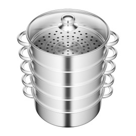 Stainless Steel Steamer 5 Tier Steamer Cooking Pots Steam Soup Pots with Glass Lid Food Steamers Cookware Dumpling Steam (28cm)
