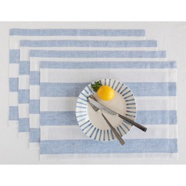 Solino Home Stripe Linen Cloth Placemats Set of 4 - Sky Blue and White, 100% Pure Linen Easter Placemats 14 x 19 Inch - Cabana Stripe, Washable Fabric Place Mats