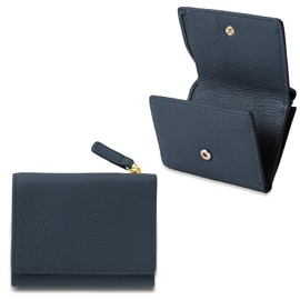 PURCHIC Mini Wallet, Trifold Wallet, Women's, Genuine Leather, Compact, Lightweight, Coin Purse, Prevents Skimming, navy