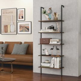 Giantex 5 Tier Modern Wall Mounted Bookshelf Rustic Brown, 71" Industrial Wood Bookcase with Steel Frame, Stand Display Storage Rack Organizer Ladder Shelf for Living Room, Kitchen
