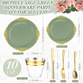 Umigy 300 Pcs Sage Green Plastic Plates Heavy Green and Gold Disposable Dinnerware, Include 50 10. 2" Dinner Plates, 50 7. 5" Dessert Dinnerware and 150 Gold Silverware for Weddings Party