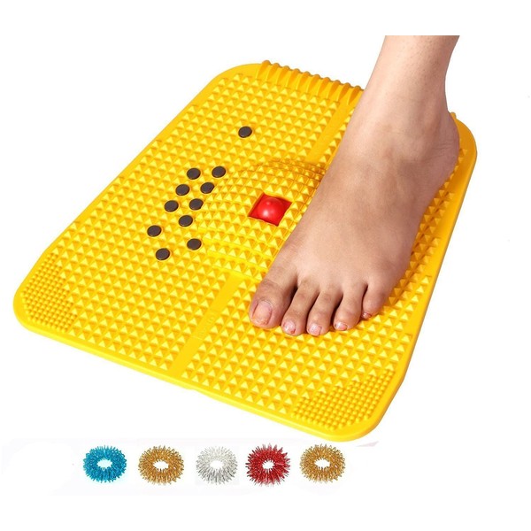 Acupressure Reflexology Magnetic Pyramidal Therapy Power Pain Relief Energy Foot Health Mat Set of 1 + Sujok Rings Set of 5 L X W X H – 30 X 30 X 7 cm Yellow Mat