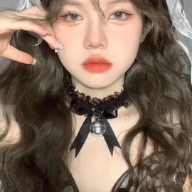 Black Choker Necklace for Women Girls Gothic Lace Bow Choker with Bell Charm Necklace for Women Girls Stretch Collar Choker with Adjustable Ribbon Tie