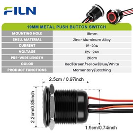 FILN 3Pcs 19mm Latching LED Push Button Switch IP67 20A 12V-24V Green