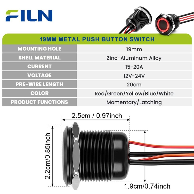 FILN 3Pcs 19mm Latching LED Push Button Switch IP67 20A