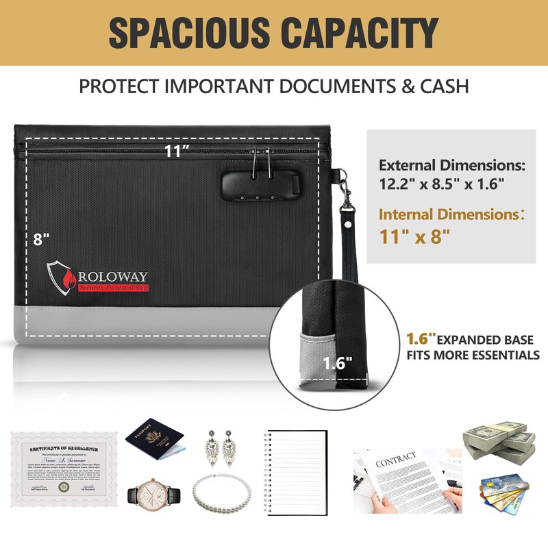 ROLOWAY Fireproof Money Bag with Lock for Cash, 6400°F Fire