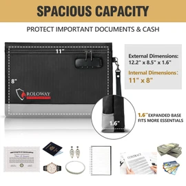 ROLOWAY Fireproof Money Bag with Lock for Cash, 6400°F Fire Proof Document Bag (12.2 x 8.5 x 1.6 inches), Money Pouch with Zipper (Black)