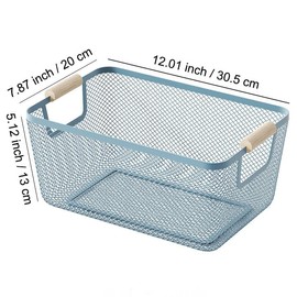 AJIODA Metal Mesh Steel Basket, Medium Wire Storage Organizer Basket Multi-function Hanging Kitchen Basket with Wood Handle for Kitchen Bathroom Picnic Home, Rectangle-Blue