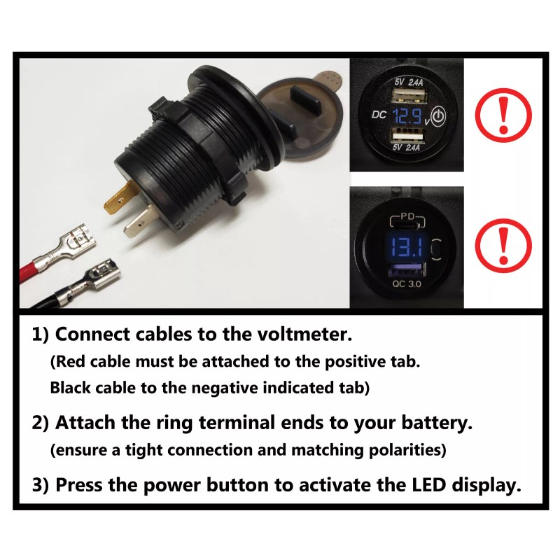 VMAXTANKS Voltmeter Digital Display LED 5/16" Ring Cables DIY Panel