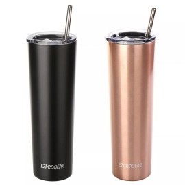 Ezprogear 34oz 2-pack Matte Stainless Steel Slim Tumbler Insulated W/Straws - Matte Black/Rose Gold