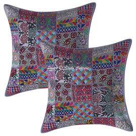 Stylo Culture Ethnic Cotton Decorative Sofa Cushion Covers 24 x 24 Inch Large Couch Cushion Cover Grey Patchwork 60 x 60 cm Abstract Flowers Traditional Decorative Cushion Square Cushion Cover (Set of