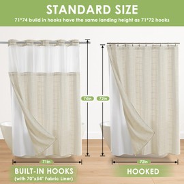Nesphy No Hook Shower Curtain with Snap in Liner, Beige Boho Farmhouse Linen Rustic Heavy Duty Textured Fabric Bohemian Double Layers Waterproof Shower Curtain and Liner with Sheer Window 71x74 Inch