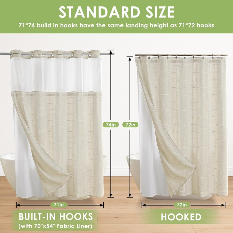 Nesphy No Hook Shower Curtain with Snap in Liner, Beige