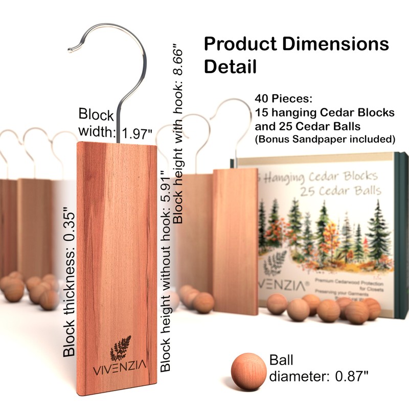 Vivenzia Cedar Blocks for Closet -40 pcs (15 Hang-ups &