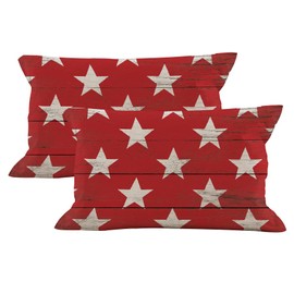 GTEXT Set of 2 Stars on Red Wood Background Pillow Covers 12 X 20 Inch Independence Day Throw Pillows Memorial Day Both Printed Flag Patriotic Lumbar Cushion Covers