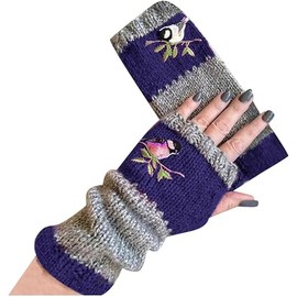 YAQUEKOU Arm Warmers Women's Winter Gloves with Bird Embroidery Fingerless Knitted Pulse Warmer Women's Hand Warmers Mittens Knitted Fingerless Mittens Women's Hands Long Gloves, blue