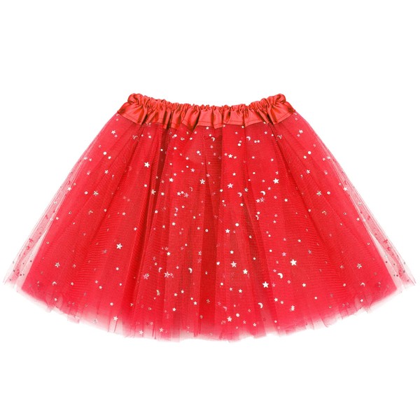 Syhood Girls' 3-Layer Tutu Skirts Tulle Tutu Skirt Tutu Skirt Glitter Star Ballet Dance Dress Skirt Princess Party Favor for Girls 2-8 Years, Red