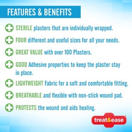 110pk Assorted Washproof Plasters | Includes 60 Small Plasters, 20 Medium Plasters, 10 Round Plasters and 20 Large Plasters | Breathable Waterproof Plasters with Protective Pads by Treat & Ease