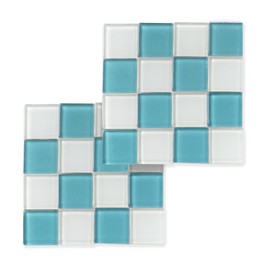 IOBBO Checkered Drink Coaster Set of 2 | 4" Square, Glass Tiled Coasters for Home, Kitchen or Table Decor. Jewelry Dish Tray, Decorative Plate Idea for Her (Light Blue)