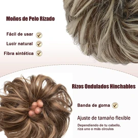 2 Piezas Chongos Postizos de Cabello, Moños de Pelo Rizado con Ondas Elásticas, Extensiones de Pelo Sintético, Ondulado Moño Desordenado, Extensiones de Coleta Moño Para Mujeres y Niñas (7027)