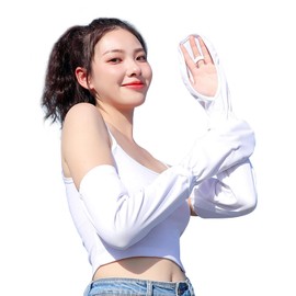 Pawinpaw Women's Arm Cover, Cool, Summer, UV Protection, Arm Cover, UPF 50+, Loose, Size Adjustable, Stylish, Sweat Absorbent, Quick Drying, UV Protection, Long Length, Sunscreen, Breathable, Driving/Bicycle/Outdoor/Work/Sports, White on the finger