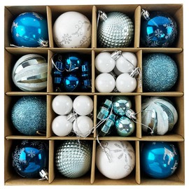 44 PCS Christmas Ball Ornaments, Christmas Baubles for Christmas Tree Decorations Delicate Xmas Theme Painting Glittering Pendants Ornaments, White Blue Baubles