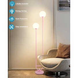 Lightdot 63IN Pink Floor Lamp, Modern Mid Century Globe Standing Lamps with 2 Warm White 3000K LED Bulbs, Unique Vintage Tall Floor Lamp for Living Room/Wedding