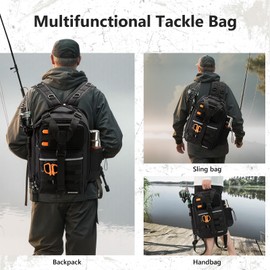 BASSDASH Convertible Fishing Backpack Sling Bag with Rod Holder, Adjustable Tactical Water-Resistant Tackle Storage Pack FP07