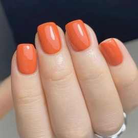 Short Square Press on Nails Orange Stick on Nails with Solid Color Design Glossy Orange Red Fake Nails Acrylic Artificial Glue on Nail Reusable Full Cover False Nail for Women Girls Manicure 24Pcs