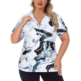 Tanst Sky Plus Size Golf Shirts for Women Loose Fit, Ladies Short Tulip Sleeve Workout Tops 3X Quick Dry Collared UPF 50+ Polos Pickle Ball Tennis Hiking Lightweight Athletic Apparel Ink Painting 3X