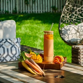 Premium Amber Glass 20oz Glass Tumbler Cup | with Straw, Bamboo Lid, Bamboo Base, Protective Silicone Sleeve, BPA Free, Growler Water Bottle, Reusable Drinking Glasses Cup, for Iced Tea, Coffee, Smoothie