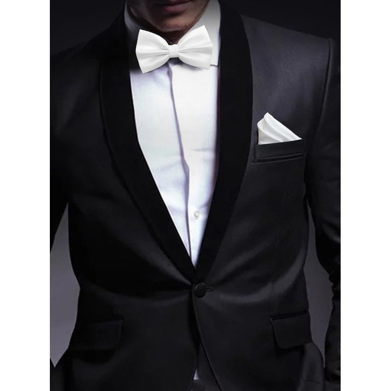 Tieworld Men's Formal Tuxedo Banded Pre-Tied Bow Tie Set, Blanco