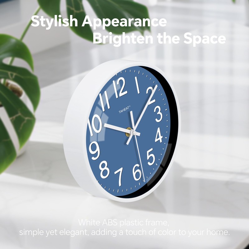 TAHEAT Small 8 Inch Blue Wall Clock, Decorative Modern Quartz