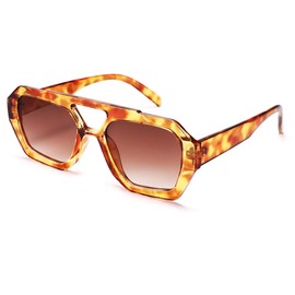 LIU·WEN Trendy Aviator Sunglasses for Women Men - Vintage Hexagonal Square Thick Frame Shades(Yellow Tortoise/Brown Gradient)