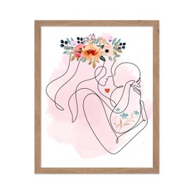 Poster Master Mother and Baby Poster - Family Print - Mother's Day Art - Line Art - Flower Art - Chic Boho Art - Floral Art - Aesthetic Art - Living Room or Bedroom Decor - 16x20 Beige Framed