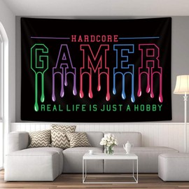 MERCHR Gamer Tapestry Wall Hanging Hippie Funny Black Wall Tapestry Aesthetic Tapestry for Bedroom Living Room Game Room Decor 71x60 Inch
