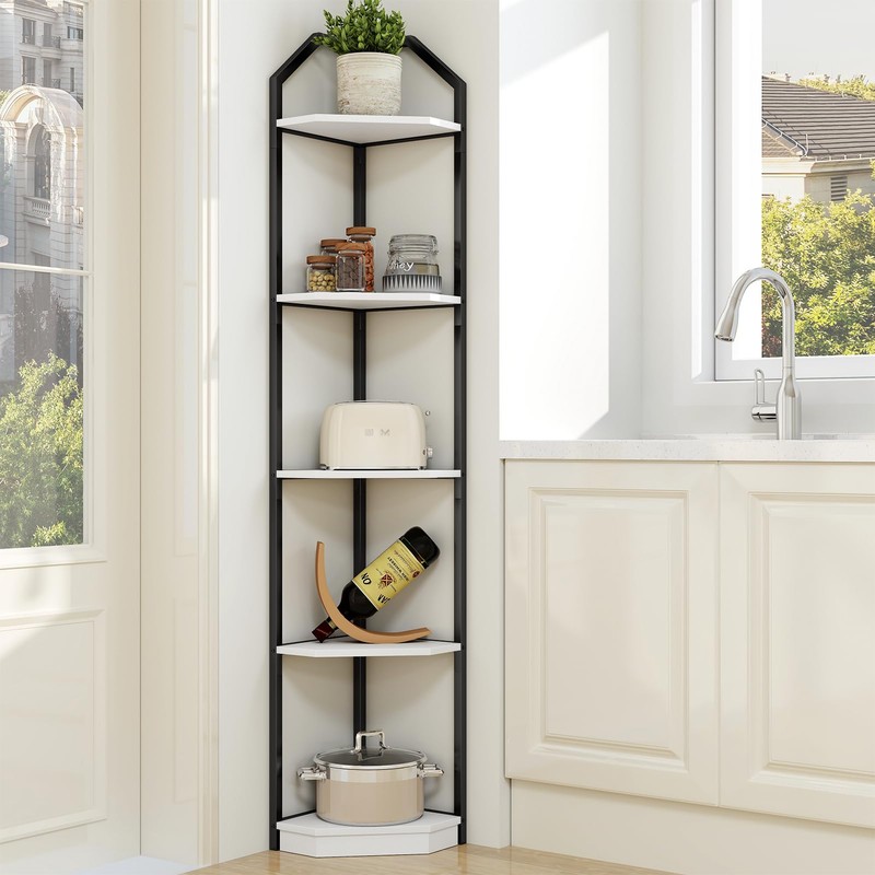 70" Tall Corner Shelf Stand, 5 Tier Wood Shelves for