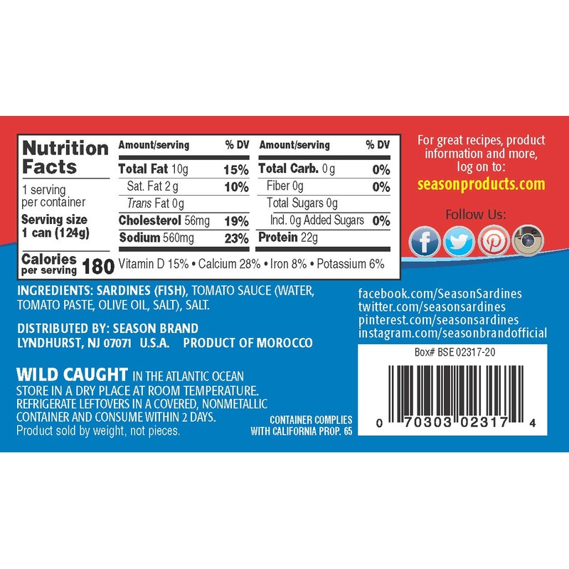 Season Sardines in Tomato Sauce - Wild Caught, 22g of