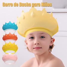 2 Piezas Gorro de Baño para Niños, Gorro de Ducha Impermeable para Niños, Gorro de Lavado de Silicona con Protección para Los Oídos y Los Ojos, Longitud Ajustable Gorro de Ducha en Forma de Corona