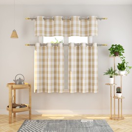 NATUS WEAVER 3 Pc Cotton Classic Country Farmhouse Kitchen Window Curtain Grommet Top -Beige & White Buffalo Check Tier & Valance Set, 54" x 18" / 32" x 30"