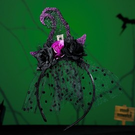Foyte - Diadema de Halloween divertido sombrero de bruja, accesorios para el cabello de flores negras y moradas para Halloween disfraces de cosplay (sombrero de bruja)
